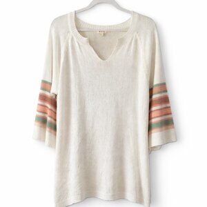 POL Boho Knit Tunic Top Stripe Bell Sleeve Lightweight Sweater Large